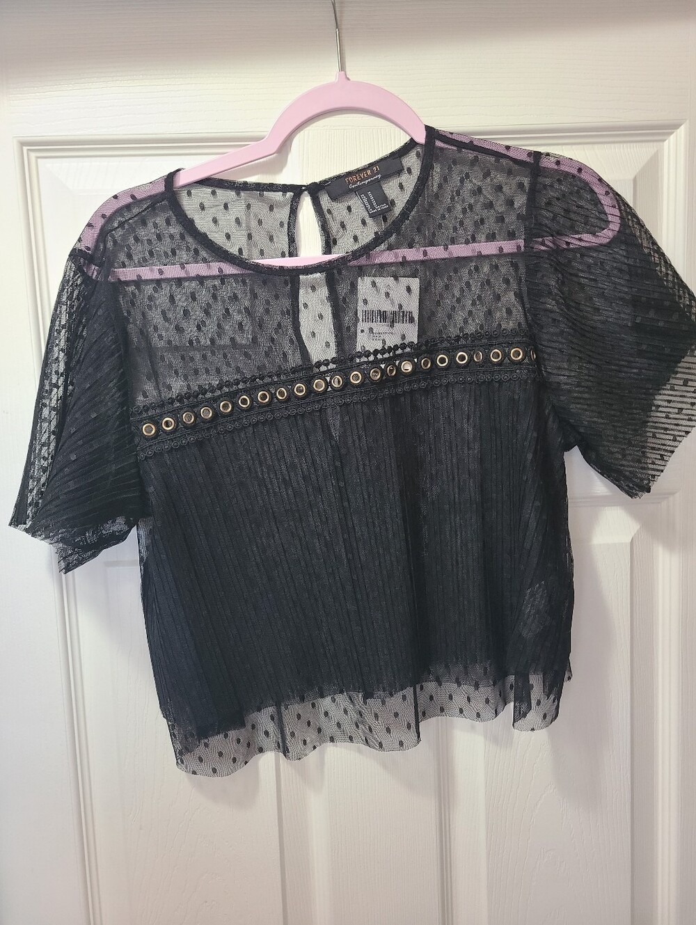 NWT Forever 21 Black Sheer Eyelet-Trim Short Sleeve Top